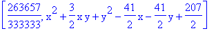 [263657/333333, x^2+3/2*x*y+y^2-41/2*x-41/2*y+207/2]